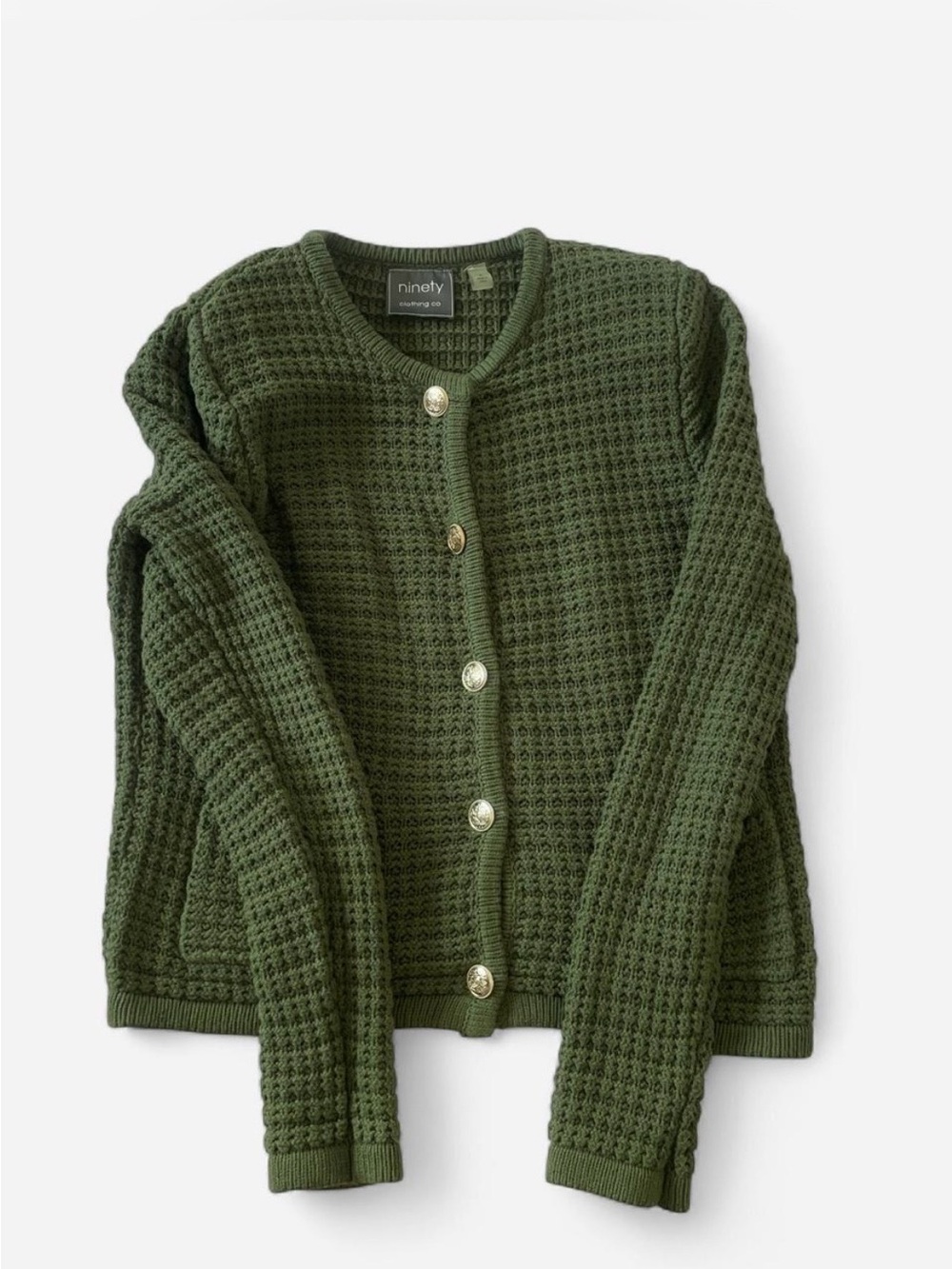 Ninety Olive Green Waffle Knit Button-Front Cardigan